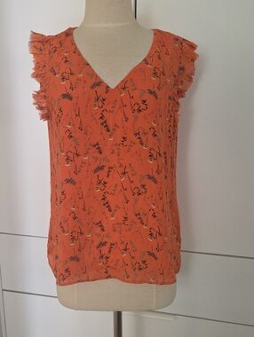 Katherine Barclay Orange Floral V-Neck Ruffle Cap-Sleeve Top